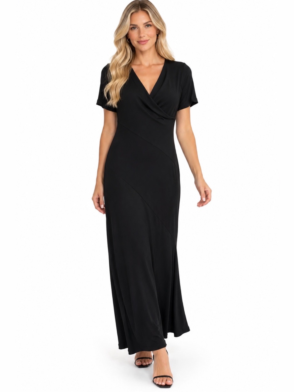Calvin Klein Black Faux-Wrap Short-Sleeve Maxi Dress S
